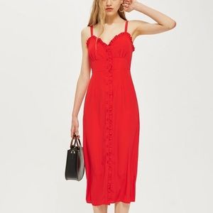 Topshop red midi dress with ruffle and button detail. Size 8